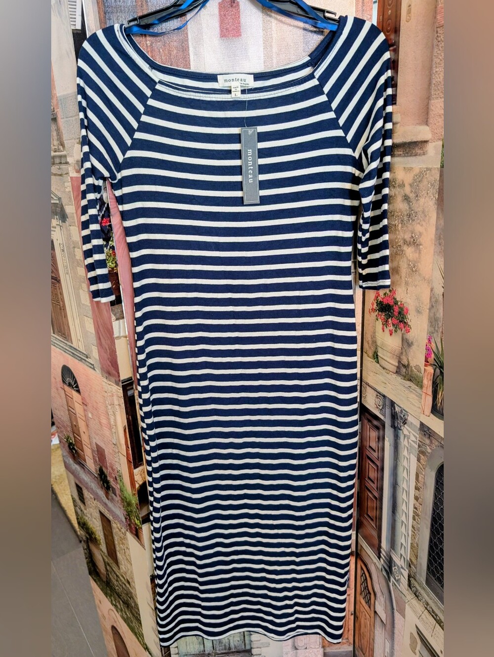 Monteau Navy & White Striped Midi Dress